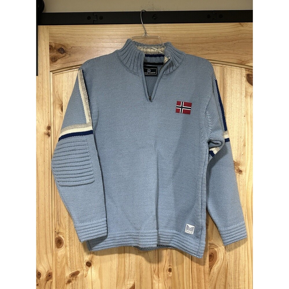 Dale Of Norway Women’s Sweater Light Blue 1/4 Zip 100% New Wool Flag Logo Stripe